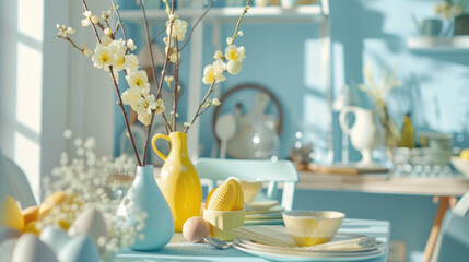 Easter holiday table setting with flowers in pastel colours