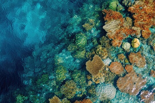 This photo captures a stunning aerial view of the crystal clear water and vibrant coral reefs below, An aerial shot of a dense, colorful coral reef beneath crystal clear water, AI Generated