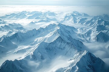 A scenic view showcasing a snow-capped rocky mountain range as seen from the window of an airplane during flight, An aerial shot of a snowy mountain range, AI Generated