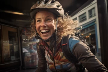 Fotobehang Junge Frau mit Helm, lachende Frau fährt mit dem Fahrrad durch die Stadt © GreenOptix