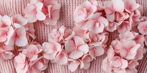 Rolgordijnen Autumn And Winter Essentials Pastel Pink Wool Sweaters With Hydrangea Detail. Сoncept Pastel Pink Wool Sweaters, Hydrangea Detail, Autumn Essentials, Winter Essentials © Anastasiia