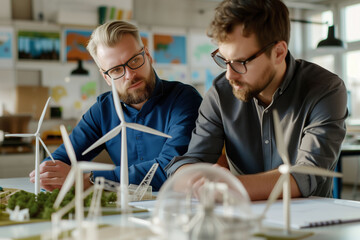 Engineer designing models of wind turbines support eco-friendly environment of a new city - obrazy, fototapety, plakaty