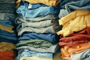 Tidy Stacks Of Tshirts: Symbol Of Freshness And Cleanliness In Laundry. Сoncept Freshly Folded Laundry, Organized Clothing Piles, Tidy T-Shirt Stacks, Clean And Neat Wardrobe