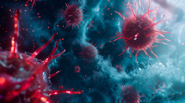 Microbiology.Microscope Bacteria. Herpes simplex virus type one in the body. Study of the cellular structure of the organism under a microscope. Dividing Cell Cancer. Generative AI - Powered by Adobe