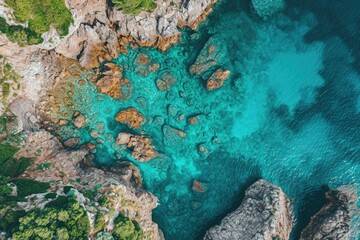 Fototapeta na wymiar Aerial View of the Ocean and Rocky Coastline in California, An aerial view of a crystal-clear sea juxtaposed with jagged rocks, AI Generated