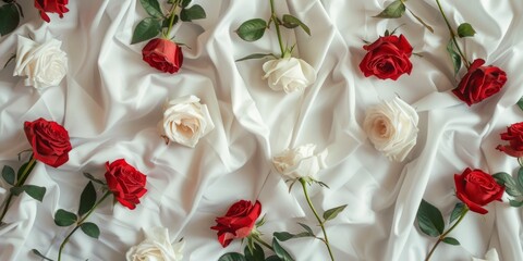 Closeup Of Red And White Roses On White Sheets, Creating Festive Backdrop With Room For Text. Сoncept Floral Still Life, Festive Backdrop, Red And White Roses, Closeup Photography, Room For Text