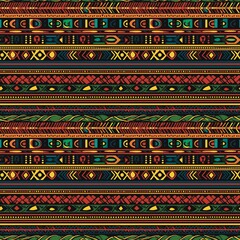 bohemian fabric pattern African American style, bright colors, orange, textile geometric pattern. In ancient bohemian times, green, yellow, blue, red, dark red, black, light brown, seamless, art 