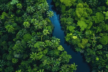 A meandering river winds its way through a dense forest filled with lush green foliage, An aerial view of a dense jungle with a river cutting through it, AI Generated