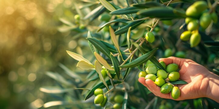 An Intimate Perspective Of Hand-Picking Green Olives From Olive Tree Branches. Сoncept Olive Harvest, Proximity To Nature, Hand-Picked Olives, Farm-To-Table Experience, Mediterranean Tradition