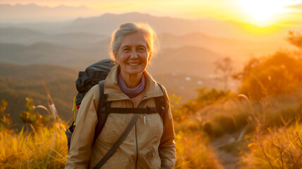 Happy healthy retired woman trekking with beautiful view with mountain . Happy retirement .