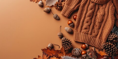 Capturing The Cozy Essence Of Autumn With Fashionable Sweaters And Acorns On A Vibrant Background. Сoncept Autumn Sweater Fashion, Cozy Acorn Photos, Vibrant Backgrounds, Fashionable Fall Portraits
