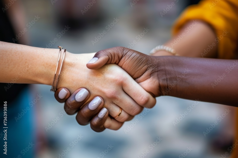 Poster diverse hands unite in powerful handshake, symbolizing unity and inclusivity. сoncept inspirational 