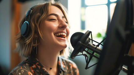 Fototapeta premium Happy female influencer or contentcreator recording audio for podcast in studio .Recording video or audio .