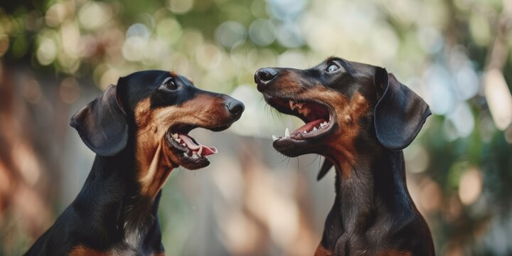 Delightful Dachshunds Frolic Outside, Spreading Joy And Amusement. Сoncept Sunset Beach Strolls, Magical Forest Adventures, Urban Street Art Backdrops, Hiking Trails And Mountain Vistas