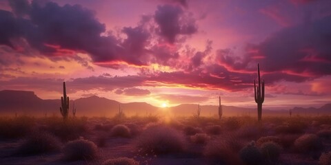 Obraz premium Captivating Sunset Scene In Arizona's Desert, Highlighting Majestic Saguaro Cacti. Сoncept Exhilarating Adventure Activities, Breathtaking Mountain Views, Serene Beach Getaways, Vibrant City Life