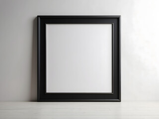 Empty black wooden frame filled with a white matte board hanging on a blank wall created with design.