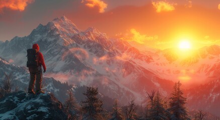 Amidst the towering mountains and vibrant sunset, a lone hiker braves the fog and snow-covered landscape, soaking in the beauty of nature's canvas