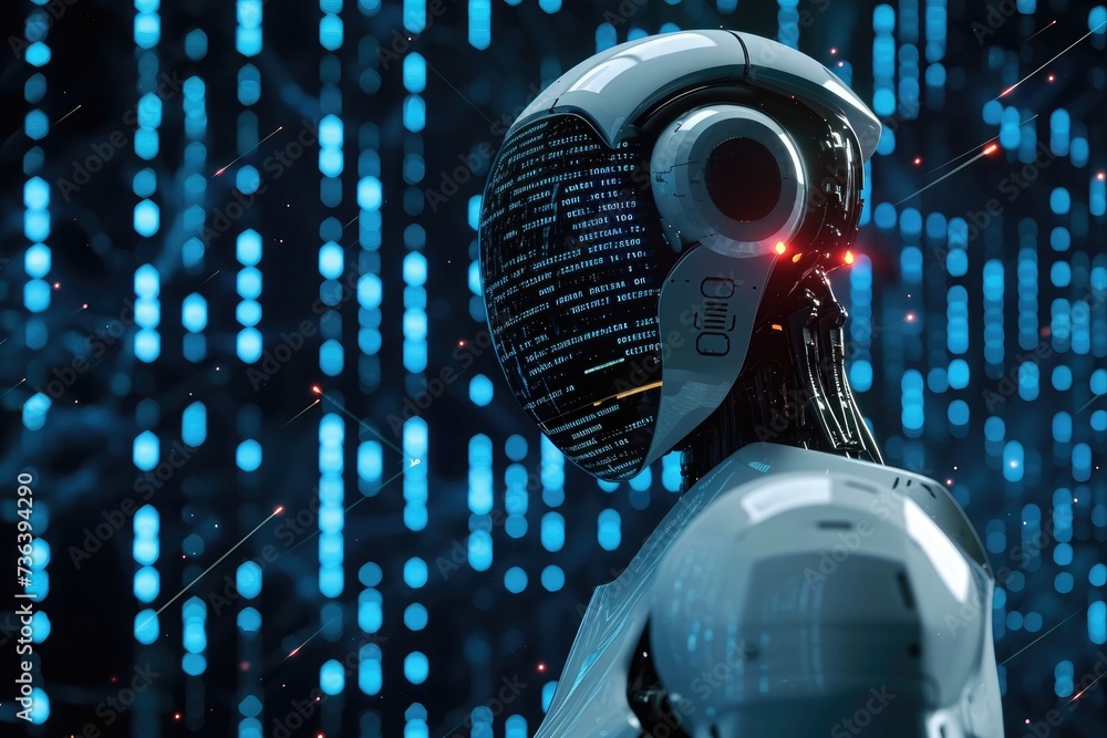 Poster a robot wearing headphones stands in front of a wall filled with data, displaying analyzing and proc