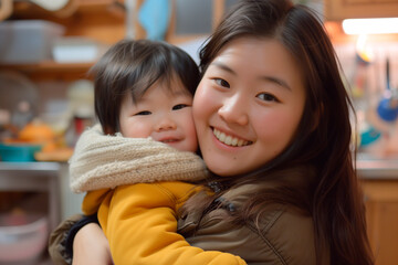 korean mom and her child are smiling and hugging each other, in a cozy home