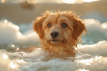 A young brown puppy of a friendly companion dog breed joyfully splashes through the refreshing water in the great outdoors - obrazy, fototapety, plakaty