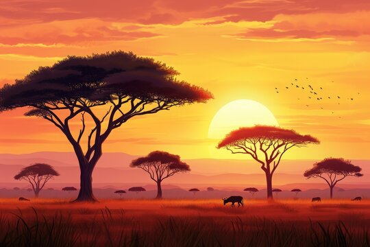 Painting of a Colorful Sunset With Animals Grazing in the Foreground, An African safari-esque background, complete with a held sunset and acacia trees, AI Generated