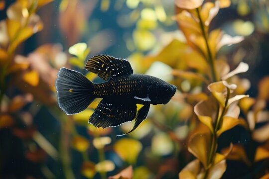 A detailed view of a goldfish swimming in an aquarium, An agile Black Molly fish twirling in the embrace of underwater plants, AI Generated