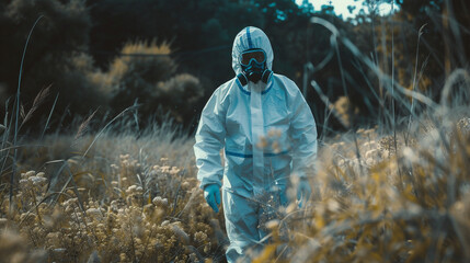 scientist wear Chemical protection suit check danger chemical working at dangerous zone Collecting samples in case of Corona virus - obrazy, fototapety, plakaty