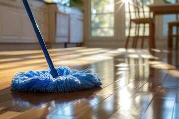 sustainable cleaning. Cleaning Wooden Floor with Mop in Sunlit Room. wooden floor being cleaned with a blue mop, symbolizing household chores and cleanliness - obrazy, fototapety, plakaty