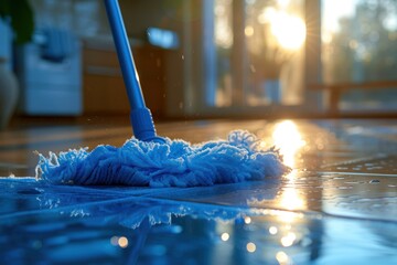 sustainable cleaning. Cleaning Wooden Floor with Mop in Sunlit Room. wooden floor being cleaned with a blue mop, symbolizing household chores and cleanliness - obrazy, fototapety, plakaty
