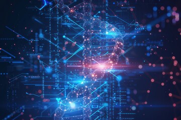 Artificial intelligence AI in Healthcare. DNA double helix intertwined with digital AI elements, highlighting the role of AI in genetic research and personalized medicine