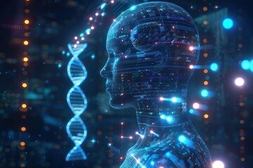 Artificial intelligence AI in Healthcare. DNA double helix intertwined with digital AI elements, highlighting the role of AI in genetic research and personalized medicine - obrazy, fototapety, plakaty