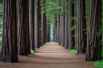 A path winds its way through a dense forest, flanked by tall trees, creating a mesmerizing natural corridor, An alley of towering redwood trees in a coastal park, AI Generated