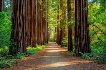 A trail winding through a dense forest, surrounded by tall trees that cast shadows on the path, An alley of towering redwood trees in a coastal park, AI Generated