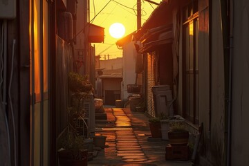 A narrow alleyway bathed in the warm glow of a setting sun, An alley with uniform houses against a setting sun, AI Generated