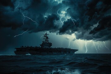 Thunderstorm Illuminates Massive Cargo Ship in the Midst of the Open Ocean, An amphibious assault ship appearing daunting and ominous under a stormy, lightning-filled sky, AI Generated