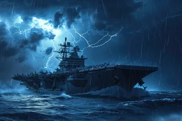  Large Ship Battling a Violent Storm at Sea, An amphibious assault ship appearing daunting and ominous under a stormy, lightning-filled sky, AI Generated © Iftikhar alam