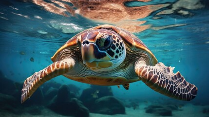 Fototapeta premium In the ocean, a green sea turtle is swimming.