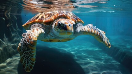 Fototapeta premium In the ocean, a green sea turtle is swimming.