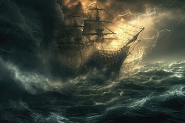 A ship intensely battles powerful waves and lightning strikes in a turbulent and stormy sea, An ancient ship battling a raging tempest, AI Generated