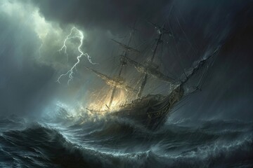 A dynamic painting capturing a ships struggle against powerful waves in a stormy sea, An ancient ship battling a raging tempest, AI Generated