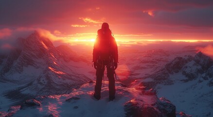 Amidst the serene winter landscape, a lone figure gazes at the fiery sky, standing atop a snow-covered mountain and braving the elements to witness the beauty of nature's volatile yet magnificent cre - obrazy, fototapety, plakaty