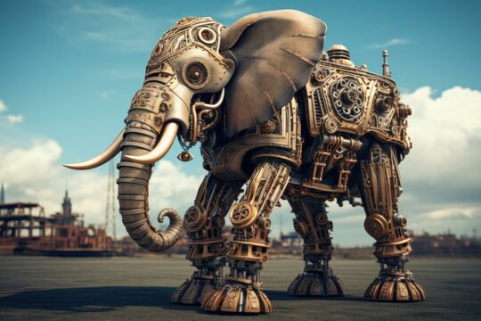 Ornate Steampunk elephant. Engine animal machine. Generate Ai