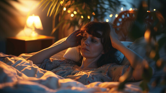 Menopause, night sweat. Woman suffering from hot flash in bed