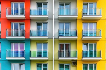 Fototapeta na wymiar A multicolored building with numerous balconies and vibrant faÃ§ade stands tall in the bustling city center, An apartment complex in the city with colorful, symmetrical balconies, AI Generated