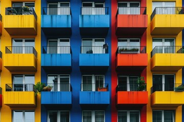 A vibrant, multicolored building with numerous balconies stands tall in a bustling urban environment, An apartment complex in the city with colorful, symmetrical balconies, AI Generated - Powered by Adobe