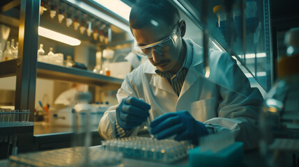 researcher working in a biotechnology lab biochemical engineer working with microplate in a laboratory experiment. with copy space image