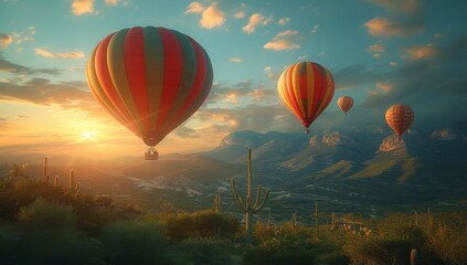A colorful fleet of aerostats gracefully glides through the sky, transporting passengers over fields of golden grass and beneath vibrant sunsets and sunrises