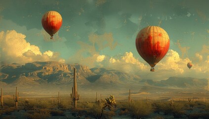 A majestic aerostat transports adventurers through the desert sky, surrounded by billowing clouds and the breathtaking expanse of the outdoors - obrazy, fototapety, plakaty