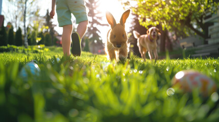Young family enjoying an Easter egg hunt in the backyard with a cute dog - obrazy, fototapety, plakaty