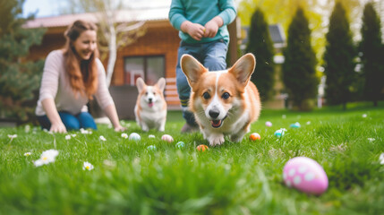 Young family enjoying an Easter egg hunt in the backyard with a cute dog